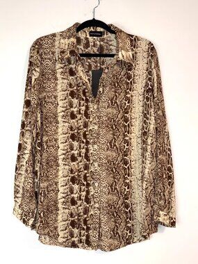 NWT PLT Brown Snake Print Oversized Button Up Sheer Blouse Sz 8